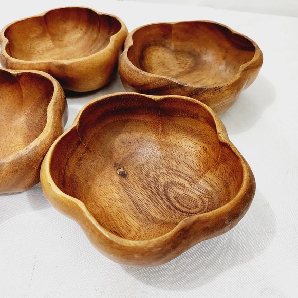 4x Dolphin Ginuwine Monkey Pod Wood Salad Serving Bowl Set Mid-Century Scalloped - Picture 6 of 14